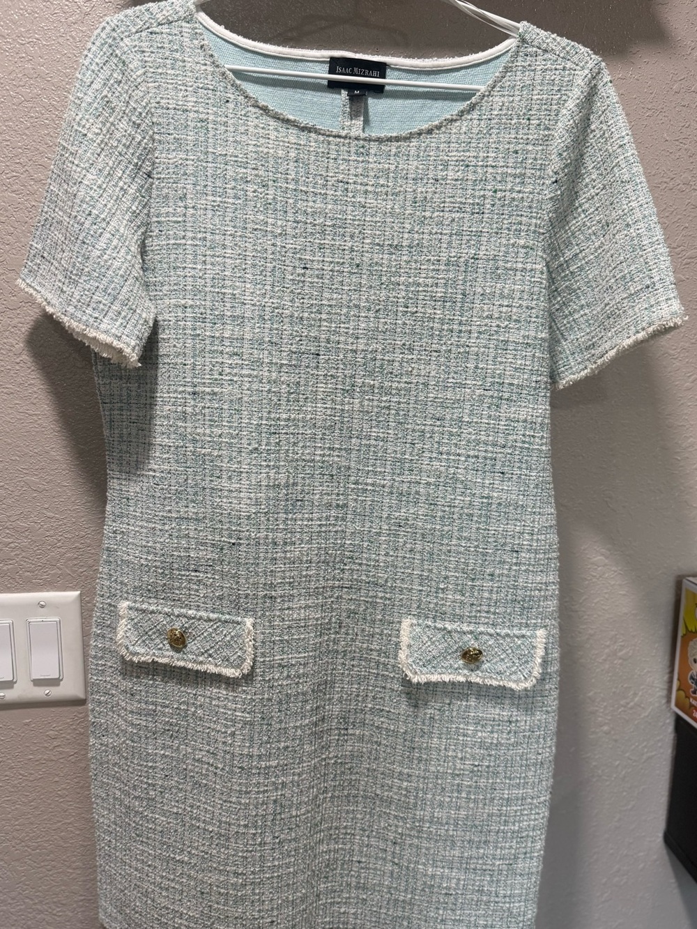 Isaac Mizrahi Tweed Short Sleeve Shift Dress in Aqua and White
